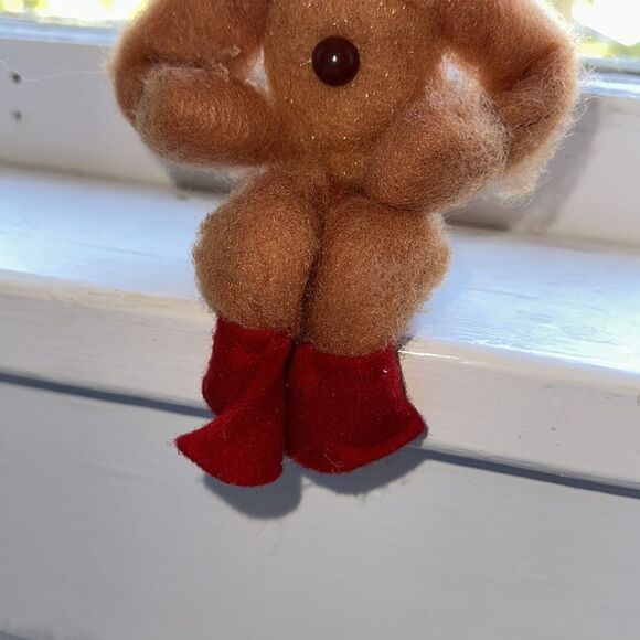 Vintage bendable smiling fuzzy gingerbread man ornament with red cap - Picture 3 of 10